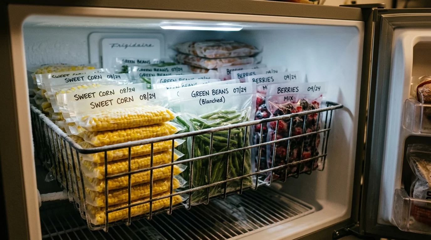 Wire freezer basket organized with labeled, vacuum-sealed bags of sweet corn, green beans, and mixed berries.