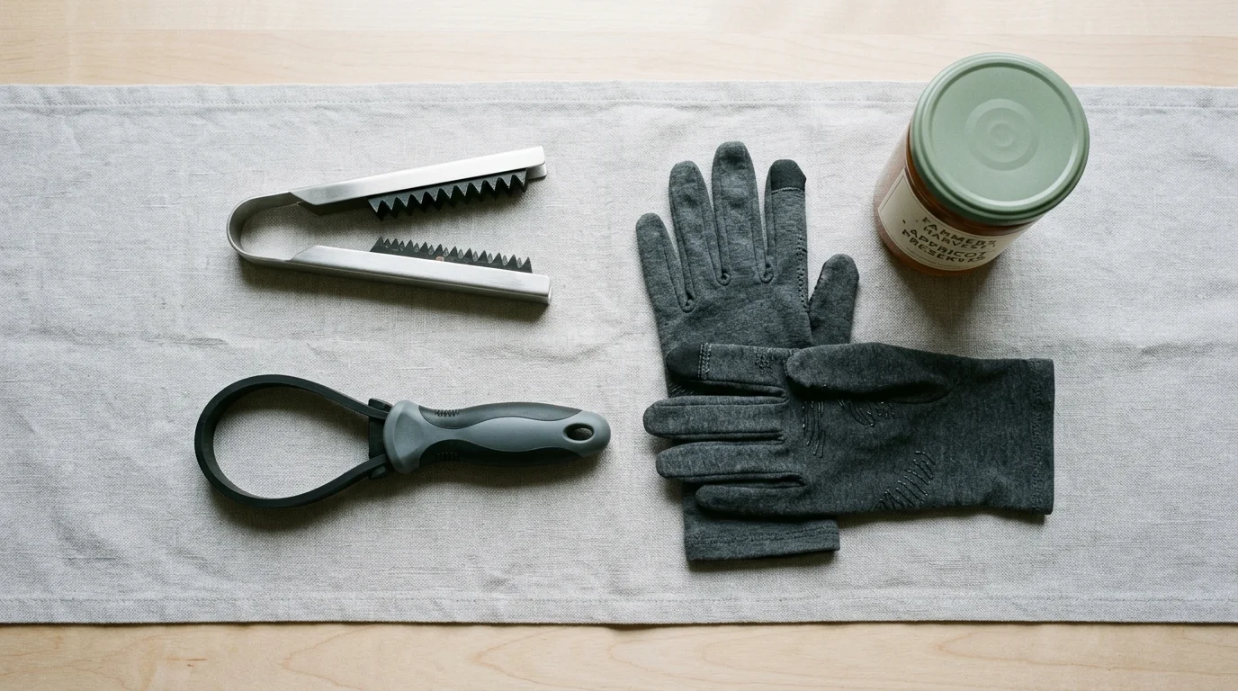 Metal gripper tool, rubber strap wrench, grey compression gloves, and a sealed glass jar on a light grey cloth runner.
