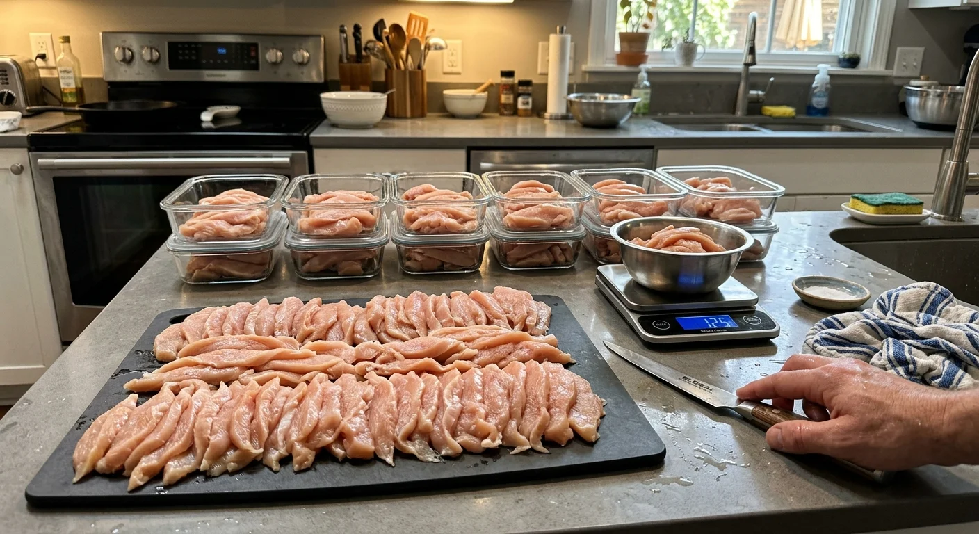 Sliced raw chicken breast strips on a cutting board beside glass containers, a kitchen scale, and a boning knife.
