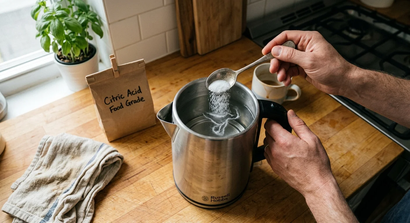 Overhead photo of a person adding a tablespoon of citric acid powder into an electric kettle on a wood countertop.