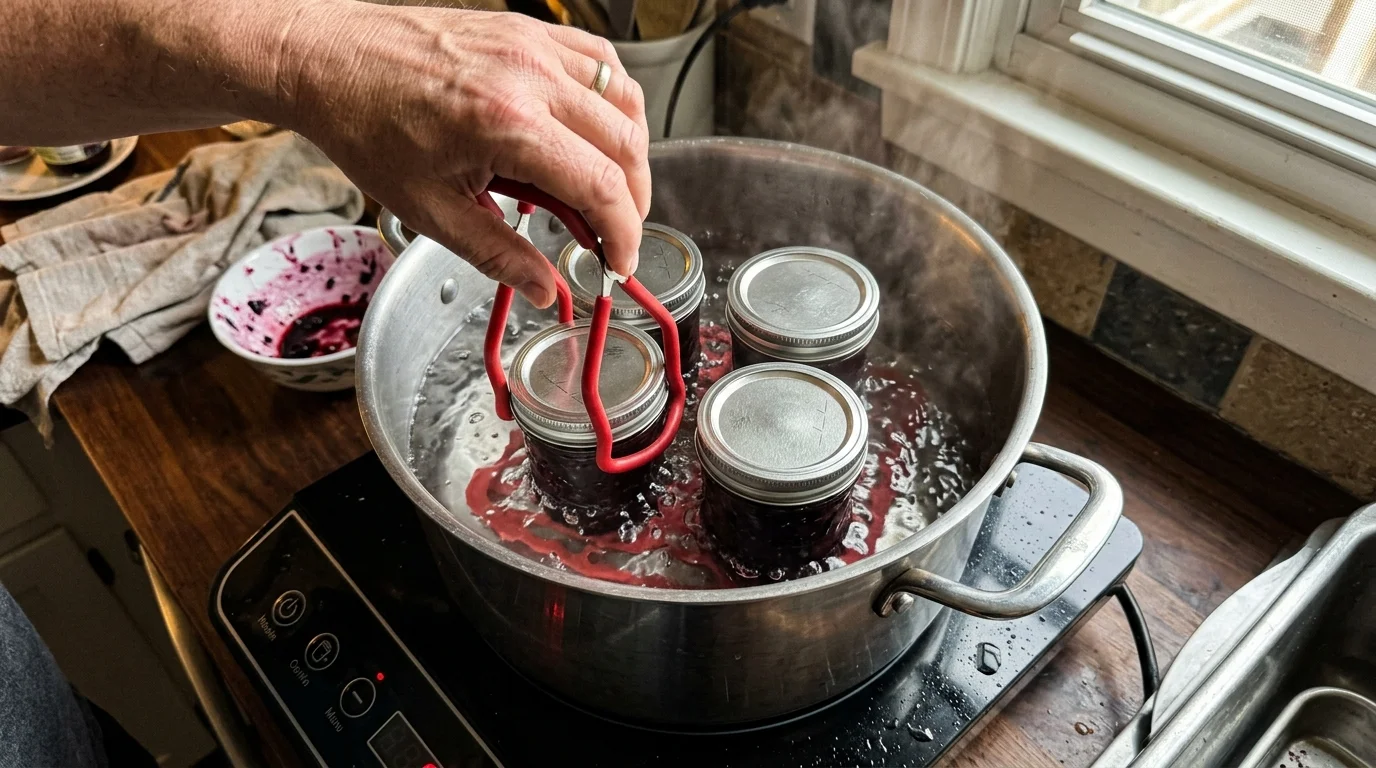A person using red canning tongs to lift a sealed glass jar from boiling water in a stockpot on an induction cooktop.