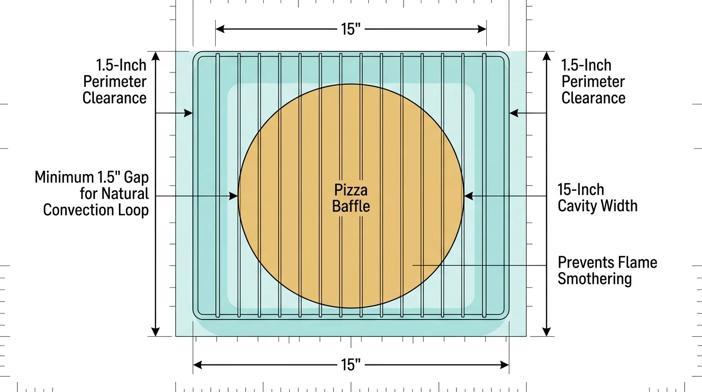 Diagram of a round pizza baffle on an oven rack showing 1.5-inch perimeter clearances and 15-inch cavity width dimensions.