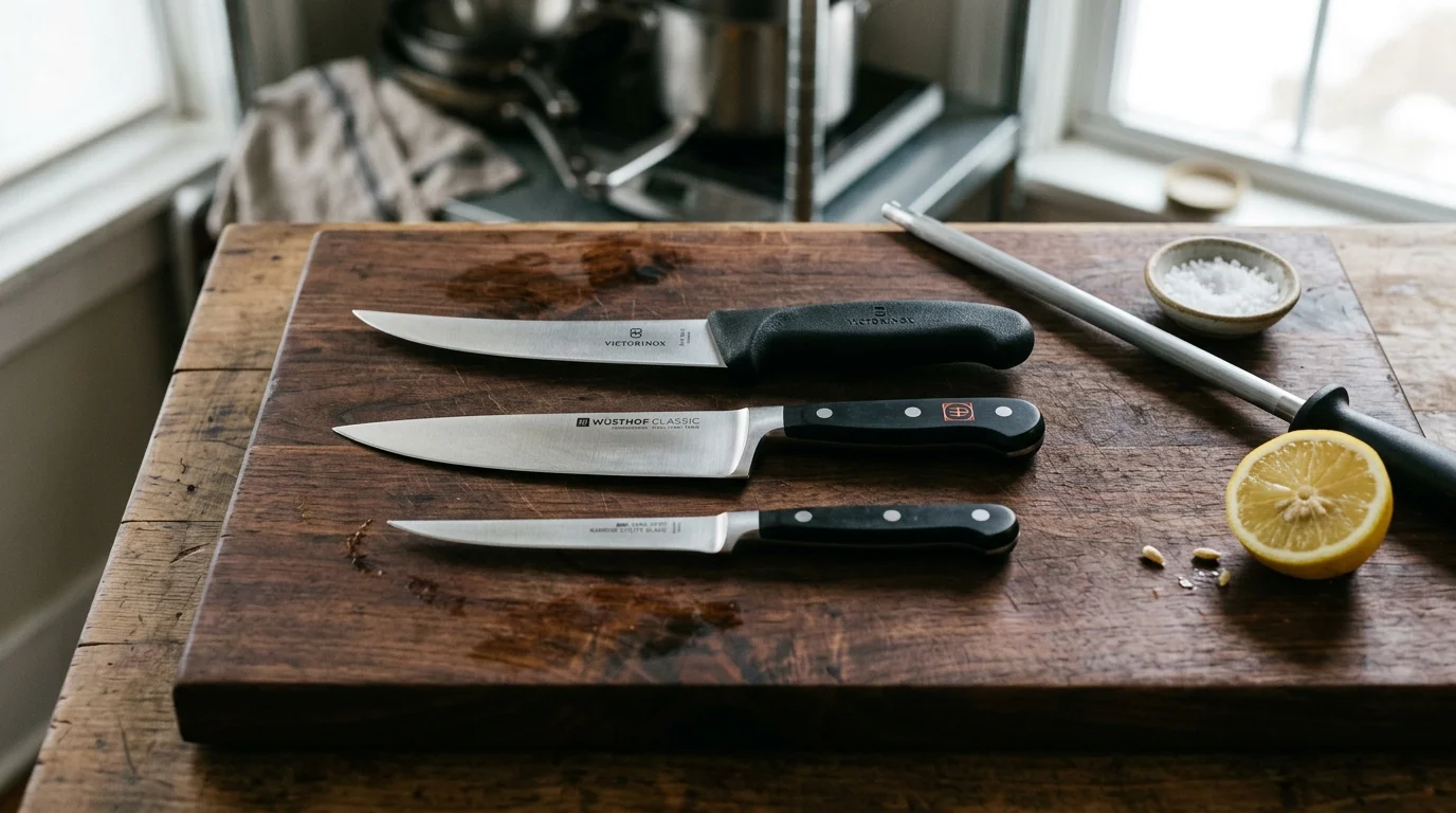Three kitchen knives, a honing steel, a lemon half, and salt on a dark wooden cutting board.