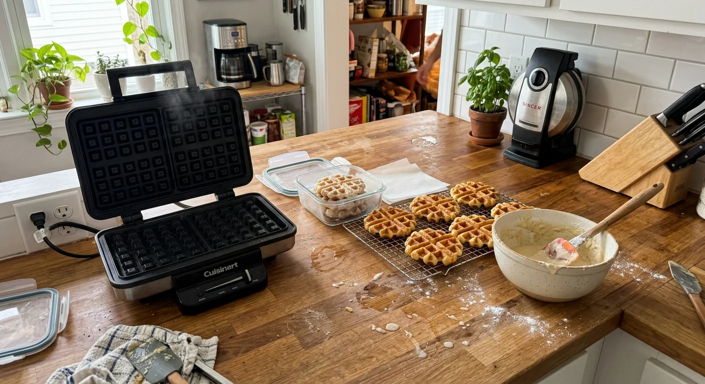 Open waffle iron steaming on a wooden kitchen counter next to cooked waffles cooling on a wire rack and a bowl of batter.