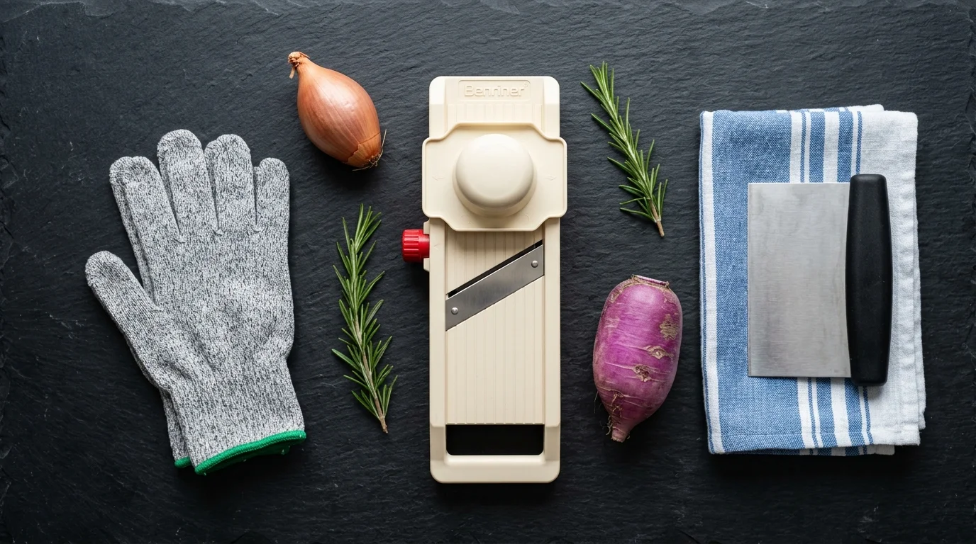 Overhead view of a Benriner mandoline slicer, cut-resistant safety glove, bench scraper, towel, and vegetables on slate.