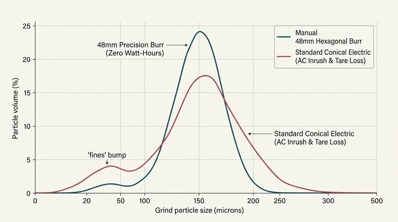 Line chart comparing grind particle size distribution between a manual 48mm hexagonal burr and standard conical electric grinder.