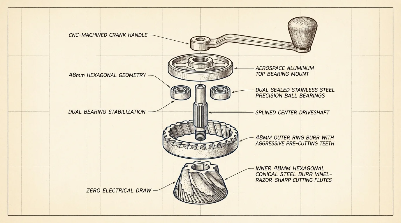 Technical exploded diagram of a manual coffee grinder showing crank handle, bearings, driveshaft, and 48mm burr components.