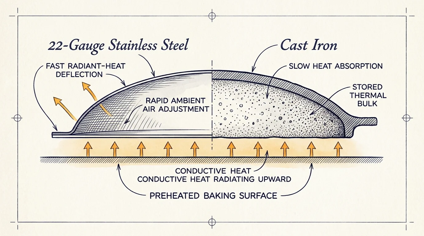 Cross-section diagram comparing 22-gauge stainless steel and cast iron bread domes over a preheated baking surface.