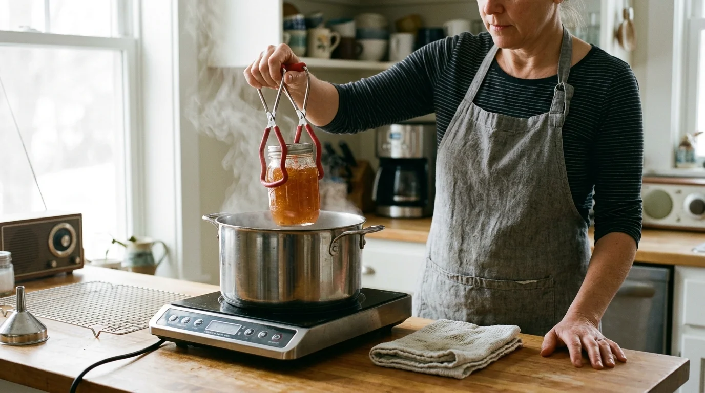 A person using red canning tongs to lift a steaming glass jar from a pot resting on a countertop induction burner.