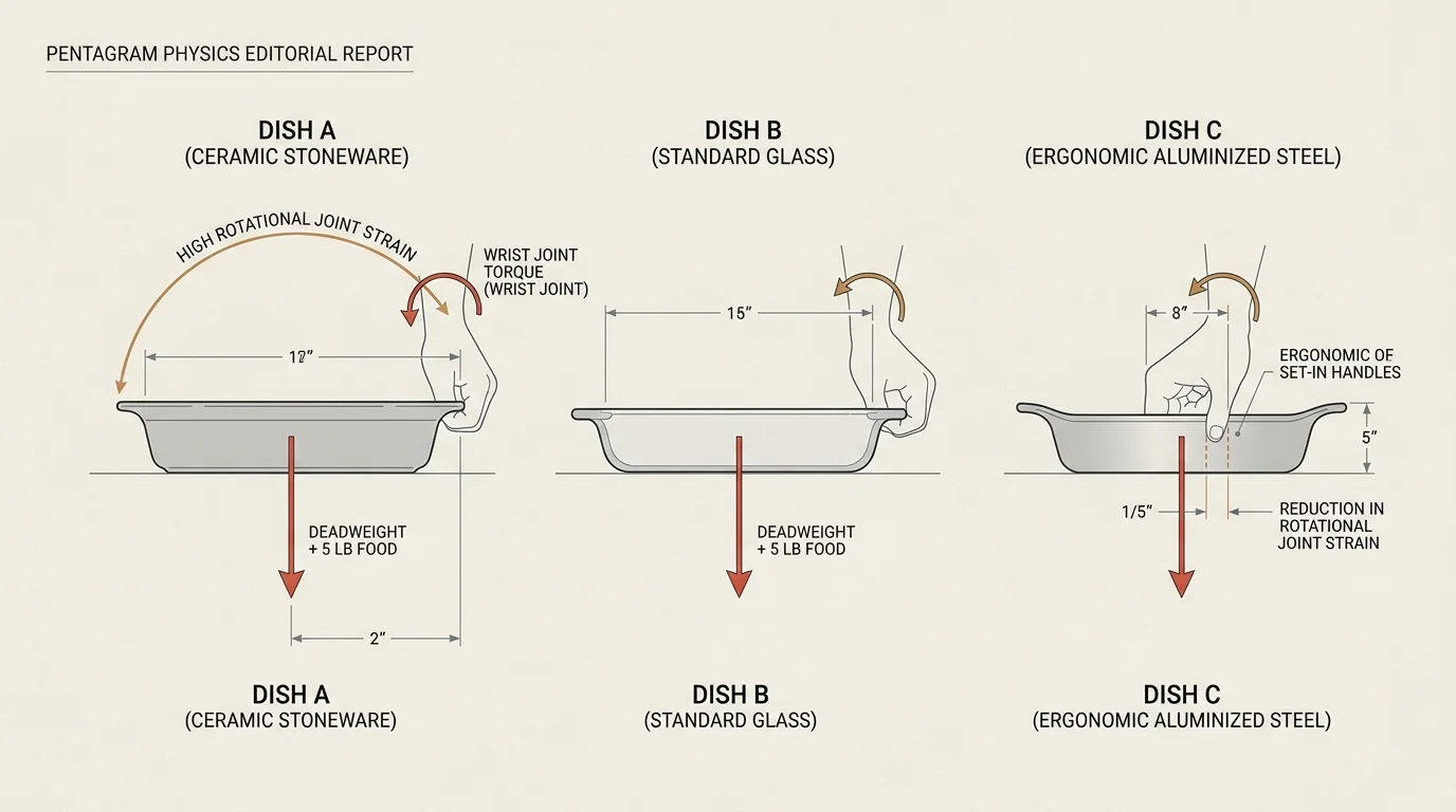 Diagram comparing wrist torque and hand placement across ceramic stoneware, standard glass, and ergonomic steel baking dishes.