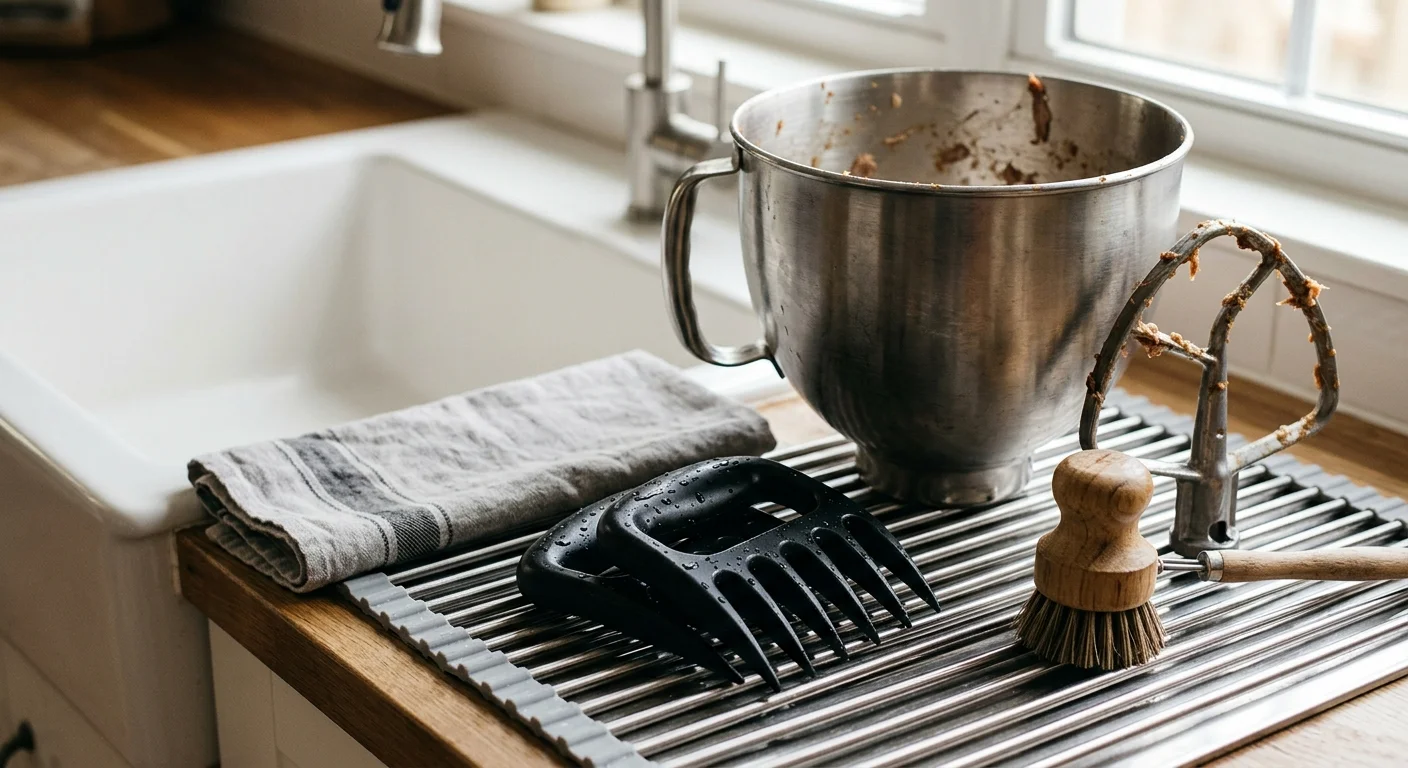 Polycarbonate meat claws drying beside a bulky stand mixer bowl on a kitchen drying rack.