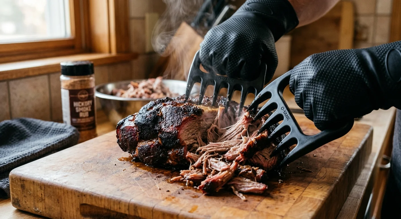 Polycarbonate meat claws shredding a hot smoked pork shoulder on a wooden cutting board with steam rising.