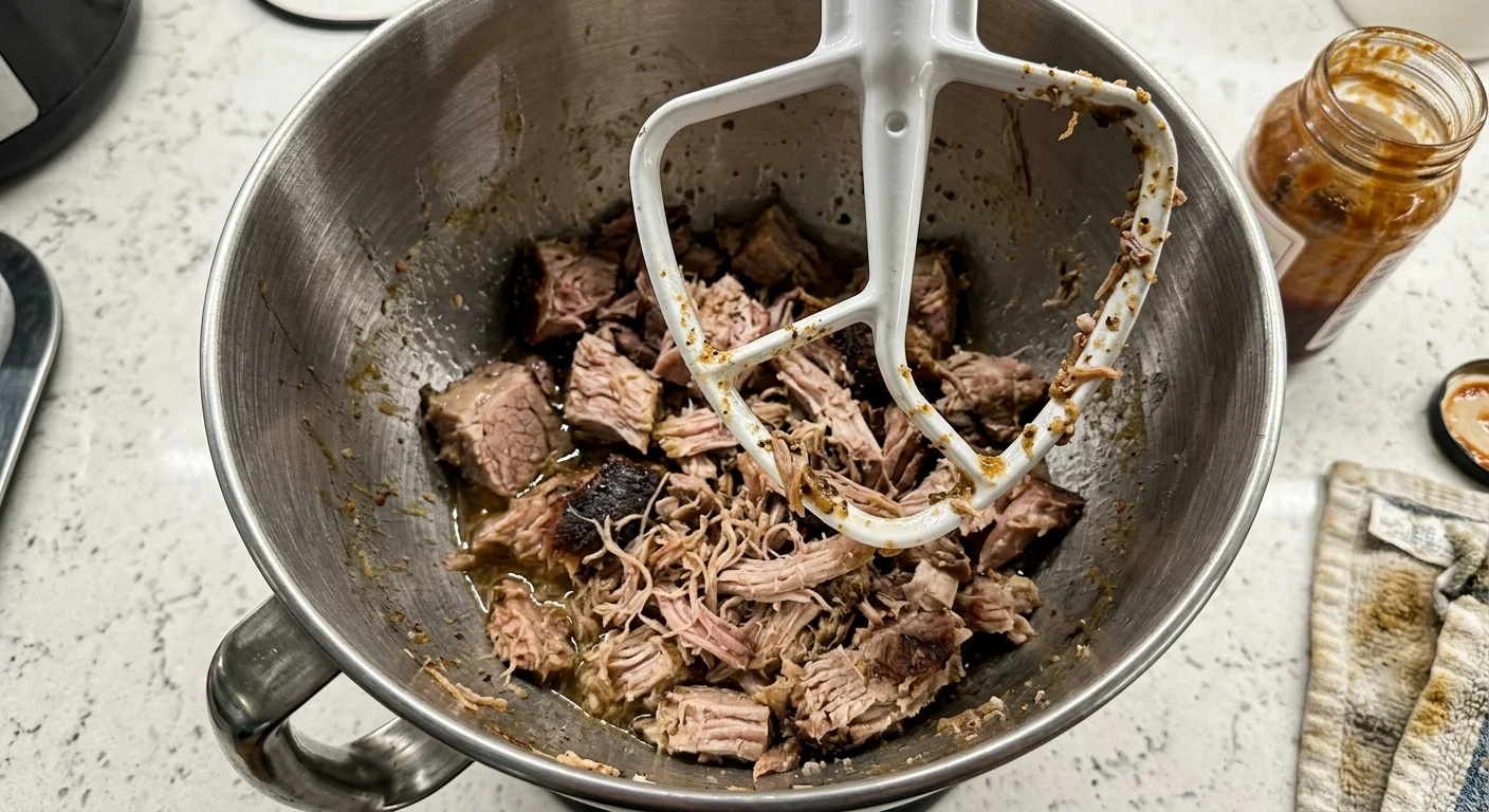 Pork shoulder inside a stainless steel stand mixer bowl shredded by a flat beater paddle showing softened texture.