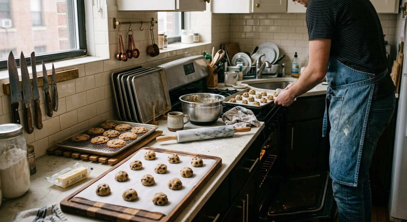 Baker in a denim apron sliding a baking sheet of cookie dough into an oven in a kitchen with prepared dough and baked cookies.