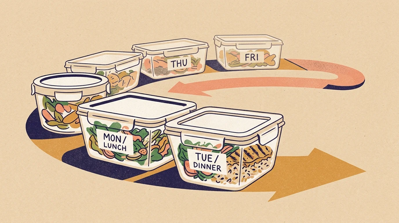 Illustration of labeled meal prep containers arranged along curved arrows showing a weekly food rotation cycle.