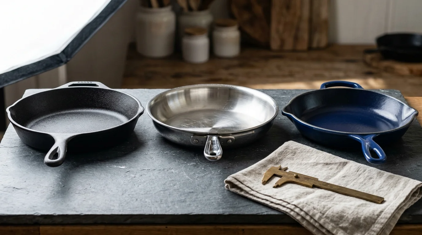 Three skillets made of black cast iron, stainless steel, and blue enamel sitting on a slate board next to brass calipers.