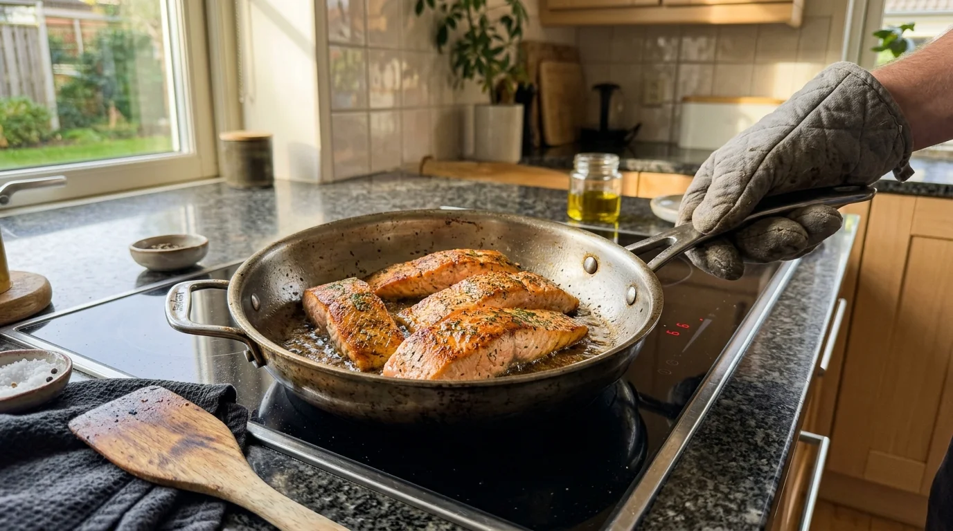 Salmon fillets searing in a stainless steel skillet on a black induction cooktop held by a gloved hand.