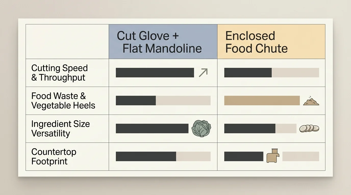 Comparison chart rating cut gloves with flat mandolines against enclosed food chutes across speed, waste, and versatility.