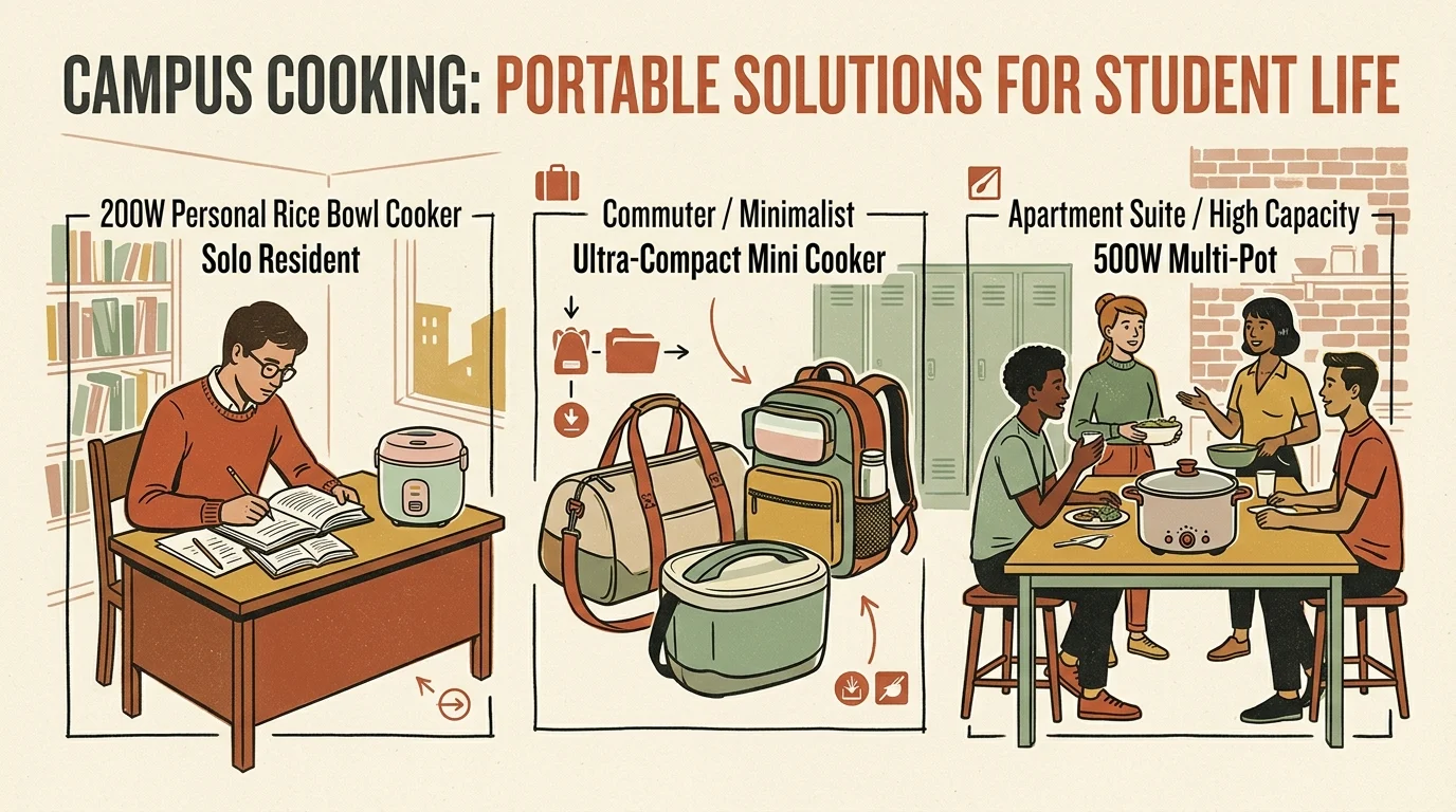 Three-panel illustration showing dorm cooking setups: a solo student studying, bags packed for commuters, and students dining.