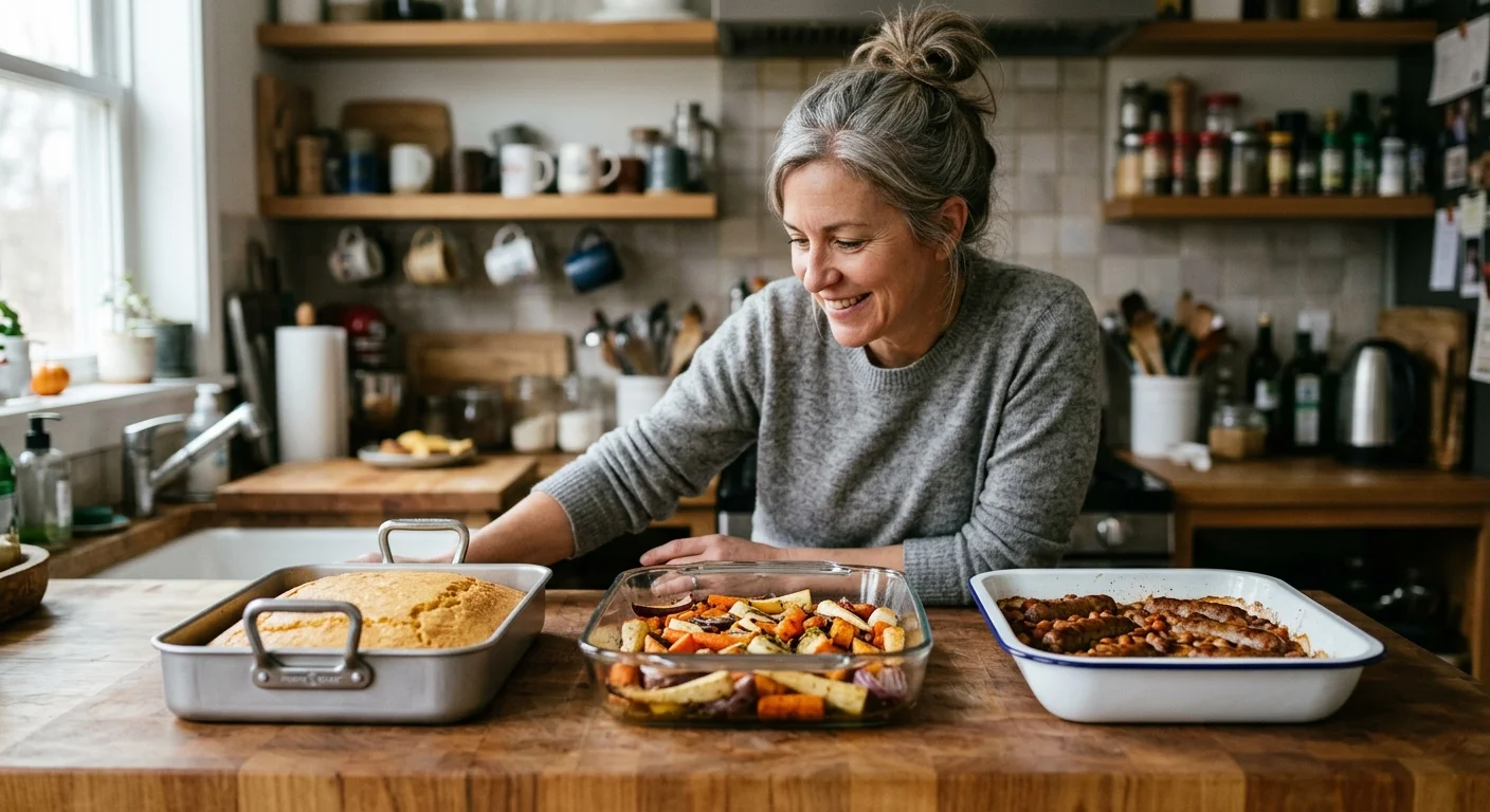 A smiling woman leans over a wooden counter with three baking dishes containing cornbread, roasted vegetables, and sausages.