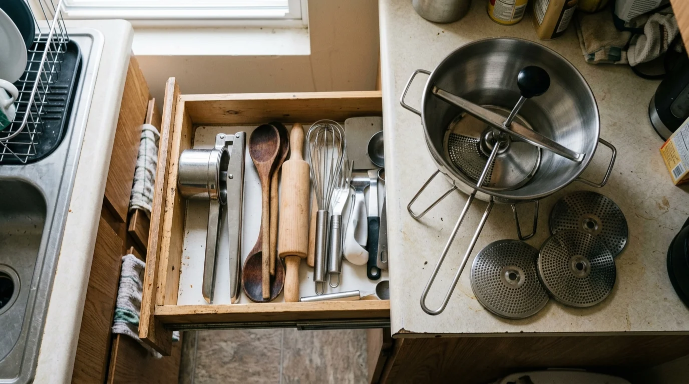 Overhead view of a kitchen drawer holding a potato ricer beside a countertop with a food mill and discs.