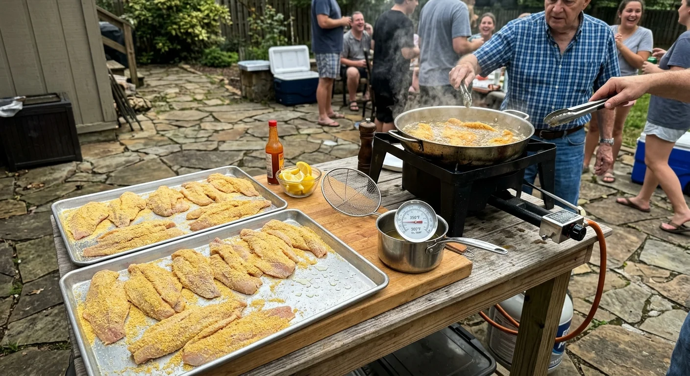 Man frying breaded fish in a pan on a propane burner outdoors near trays of uncooked fillets and gathering guests.