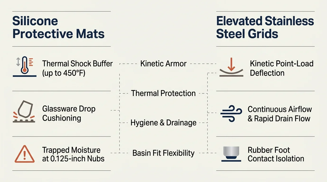 Diagram comparing features of silicone protective mats and elevated stainless steel grids across four categories.