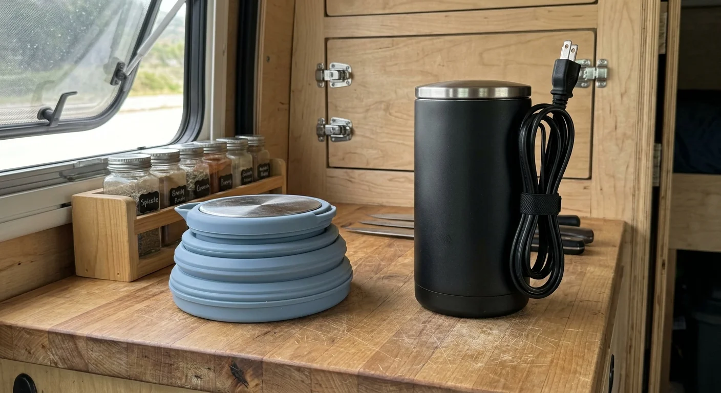 A collapsed blue silicone kettle disc sits beside a black cylindrical travel kettle on a wooden camper van countertop.