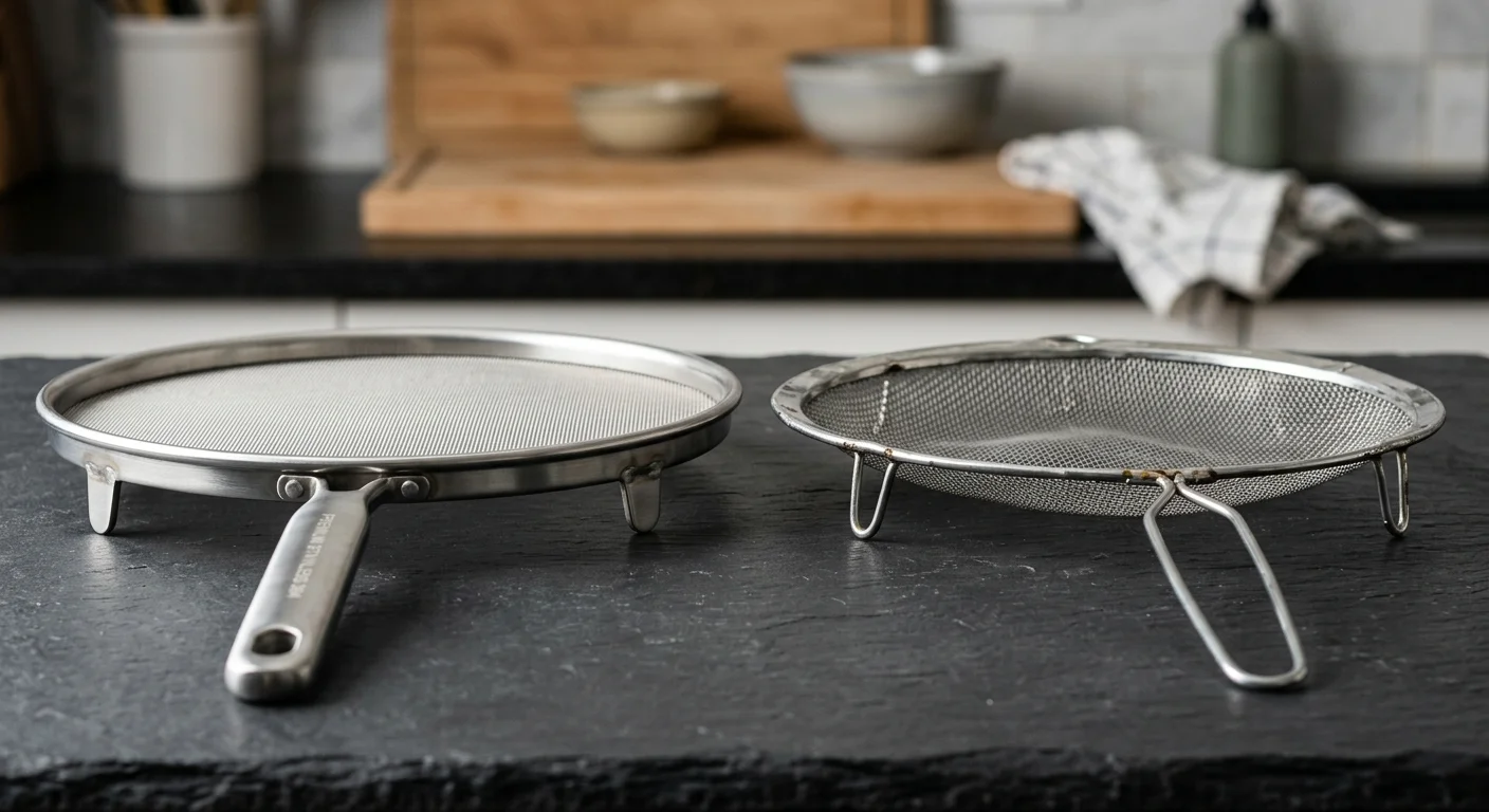 A heavy-duty flat mesh splatter screen and a warped, loose-wire splatter guard sit side by side on a dark countertop.