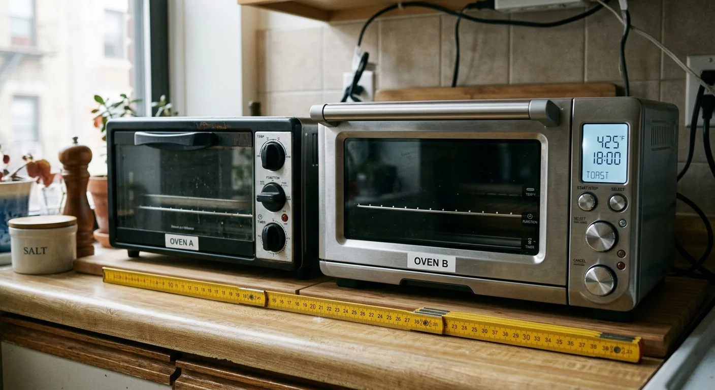 Two toaster ovens labeled Oven A and Oven B sit on a counter behind a yellow folding ruler.