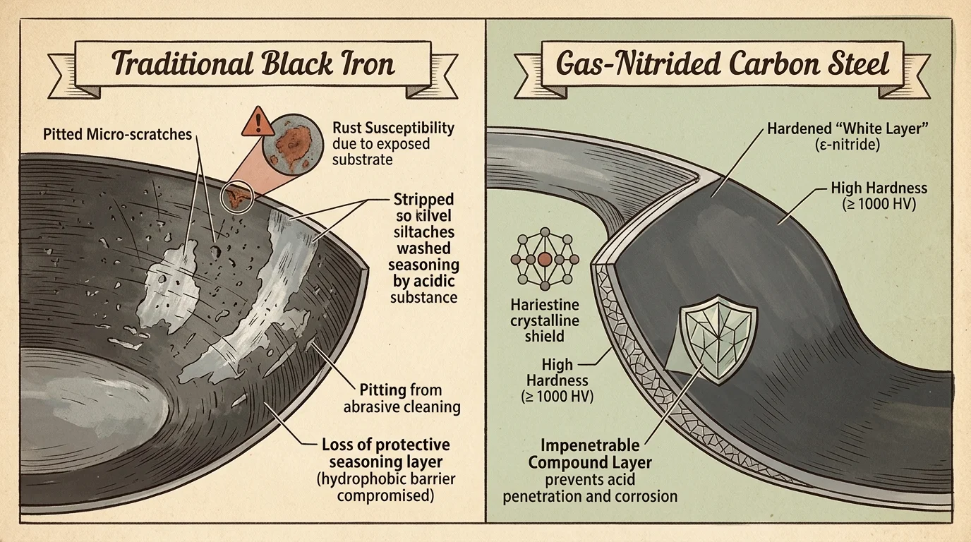 Split diagram contrasting pitted seasoning on a traditional black iron wok with the hardened layer of nitrided carbon steel.