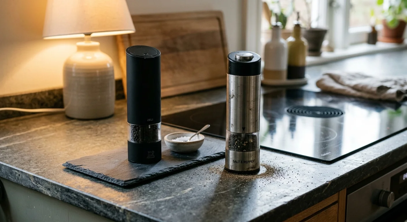 Black and stainless steel electric grinders sit on a stone kitchen countertop beside ground pepper residue.