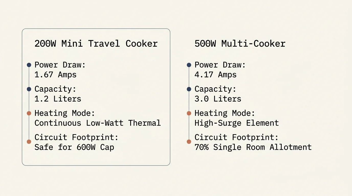 Comparison diagram listing specs for a 200W mini travel cooker alongside a 500W multi-cooker.