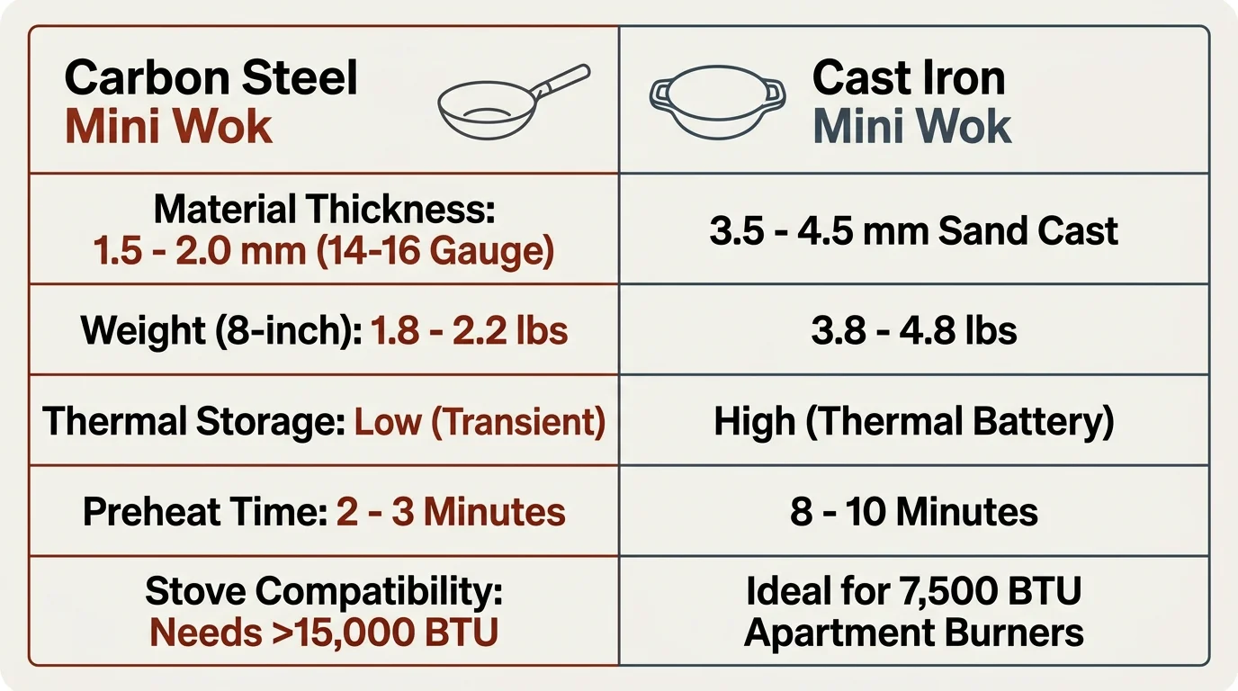 Comparison table listing specifications for carbon steel versus cast iron mini woks across thickness, weight, and preheat time.