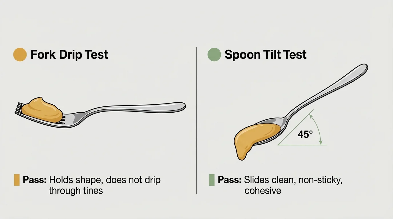 Diagram comparing passing results for a Fork Drip Test on a fork and a Spoon Tilt Test tilted at 45 degrees.