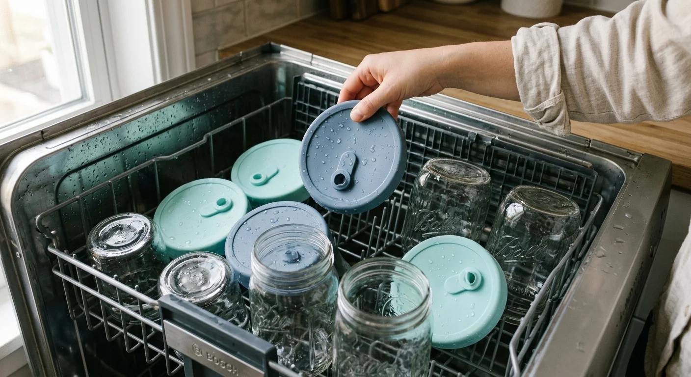 A person unloading wet silicone fermentation lids and glass jars from an open top rack of a dishwasher.