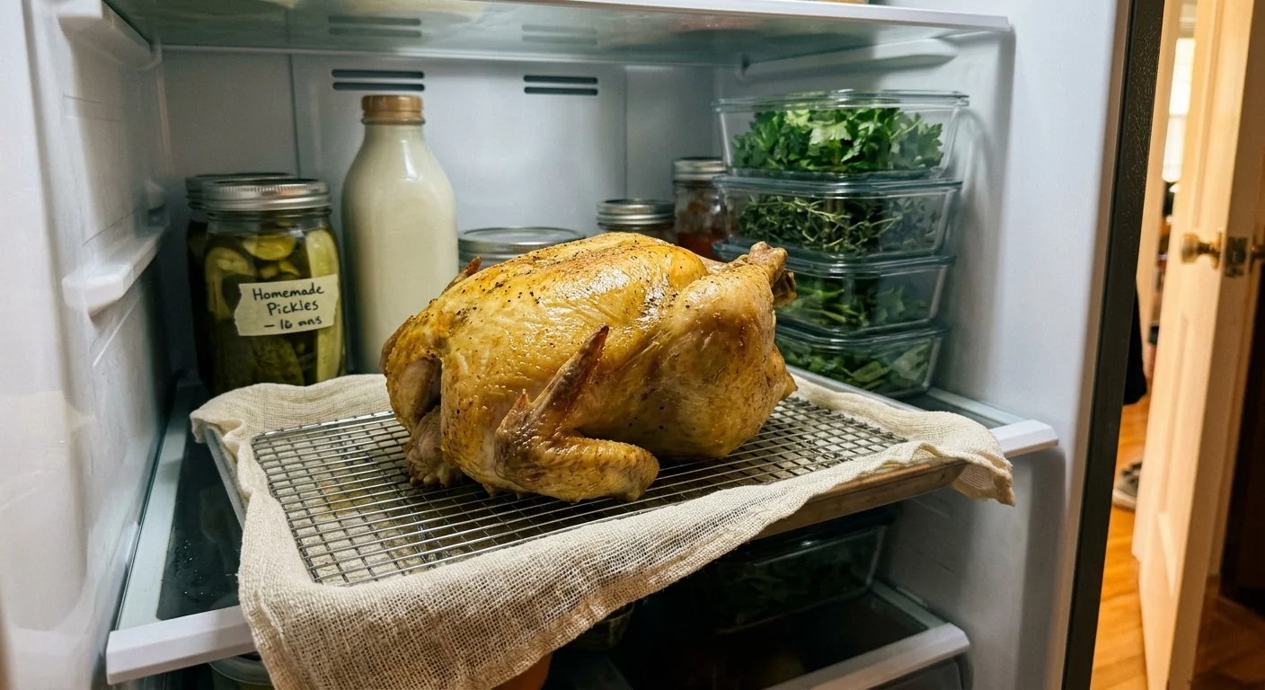 Six-pound roaster chicken with taut, dried skin on a quarter-sheet wire rack inside a home refrigerator.
