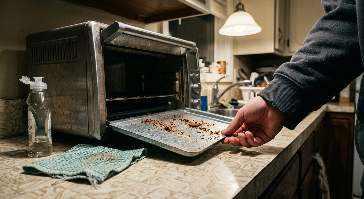 A person pulls a crumb-covered metal tray out from the open door of a countertop toaster oven.
