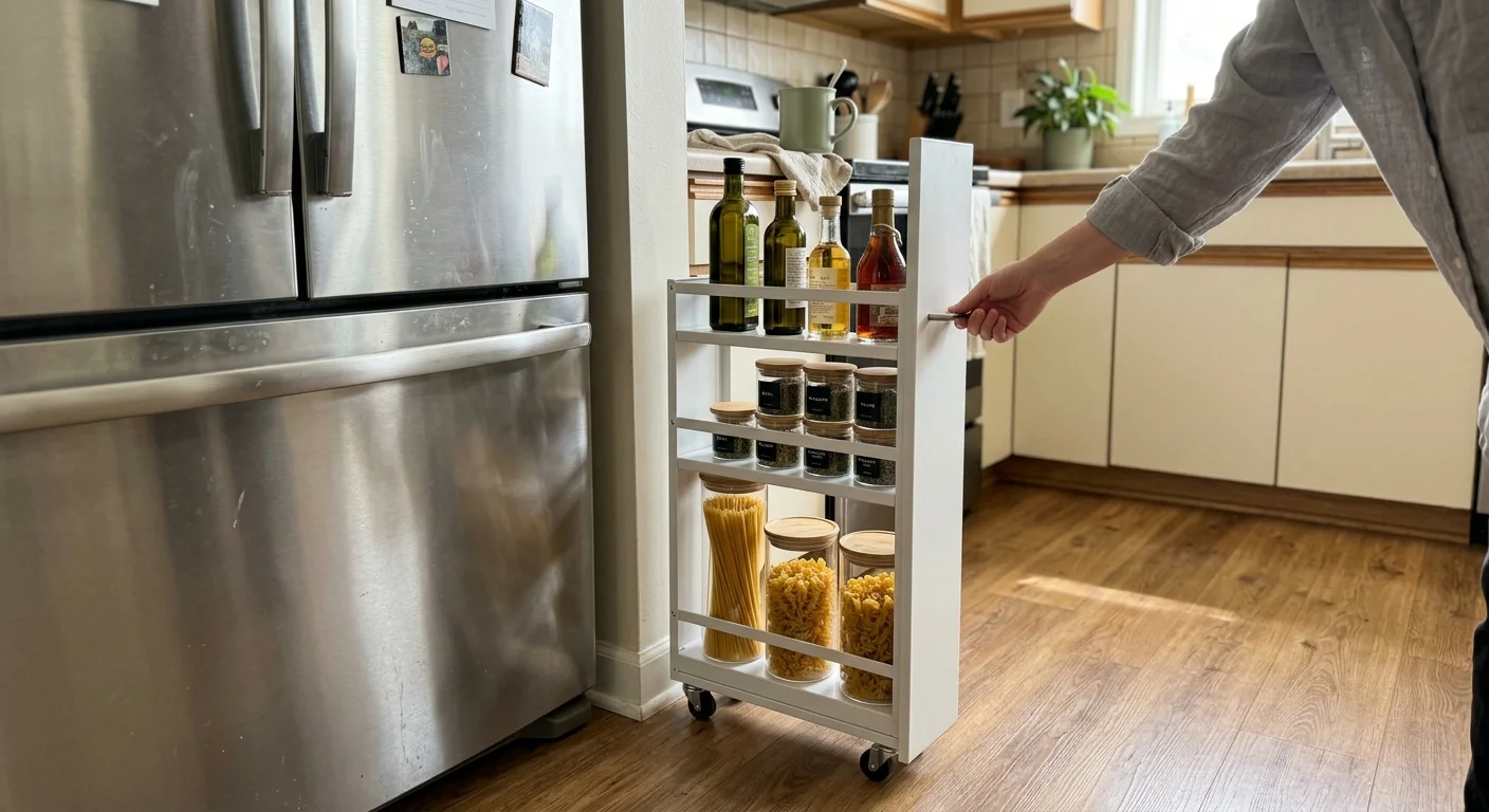 Slim five-inch rolling pantry cart being pulled out from a narrow gap beside a stainless steel refrigerator on vinyl plank flooring.