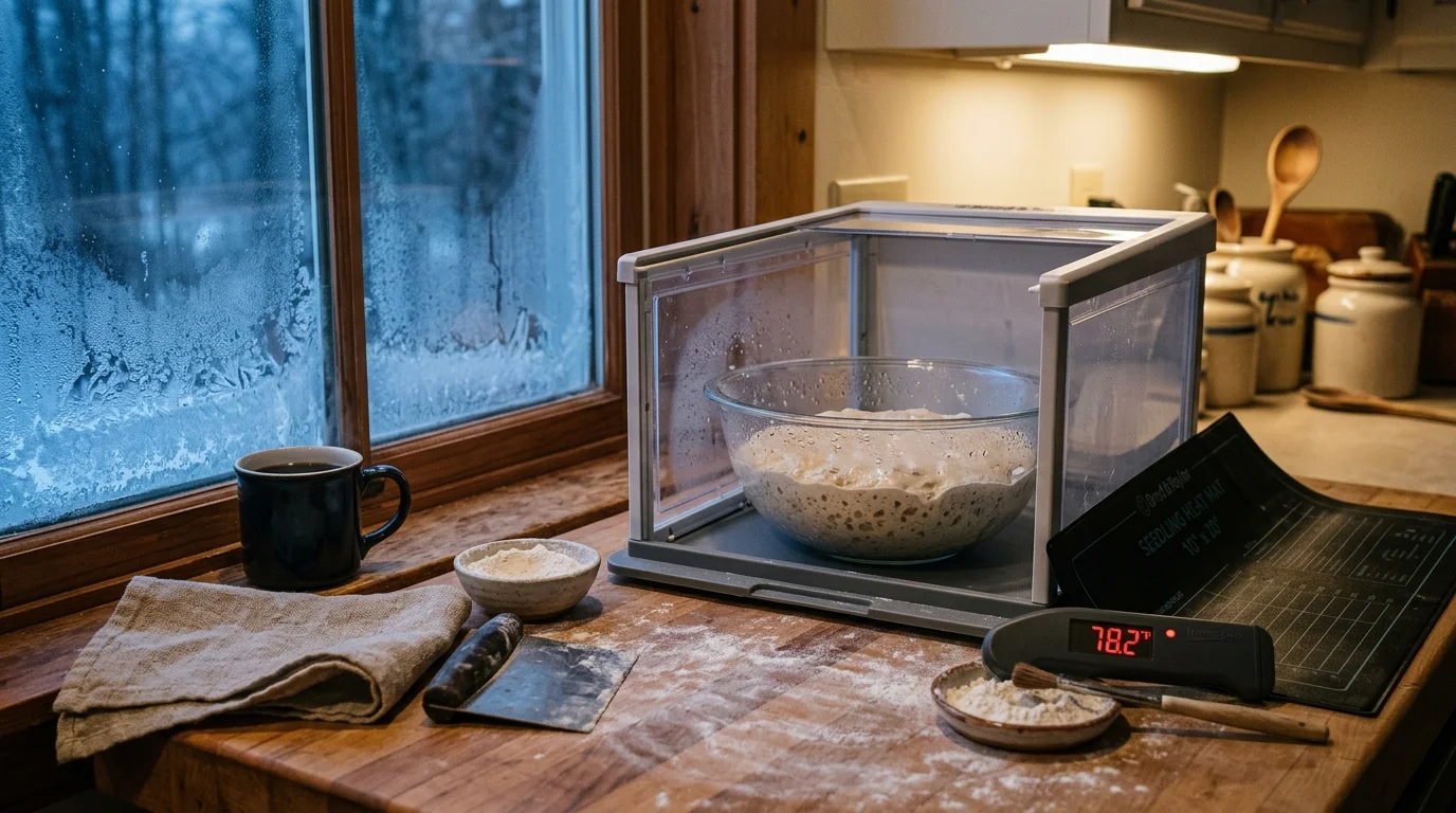 Sourdough proofing in a glass bowl inside a folding box next to a seedling heat mat and digital thermometer.
