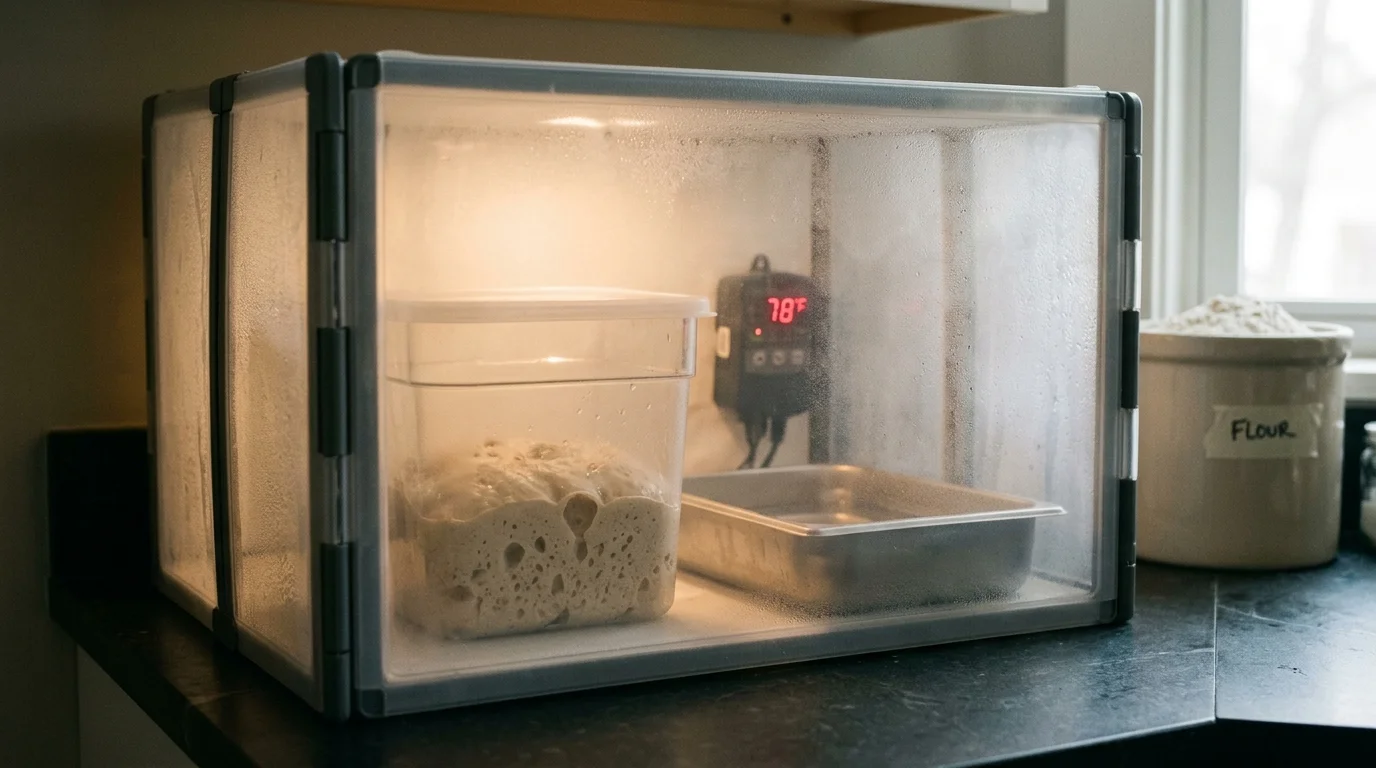 Clear proofing box on a counter with sourdough dough in a container, a water tray, and a digital 78°F display.
