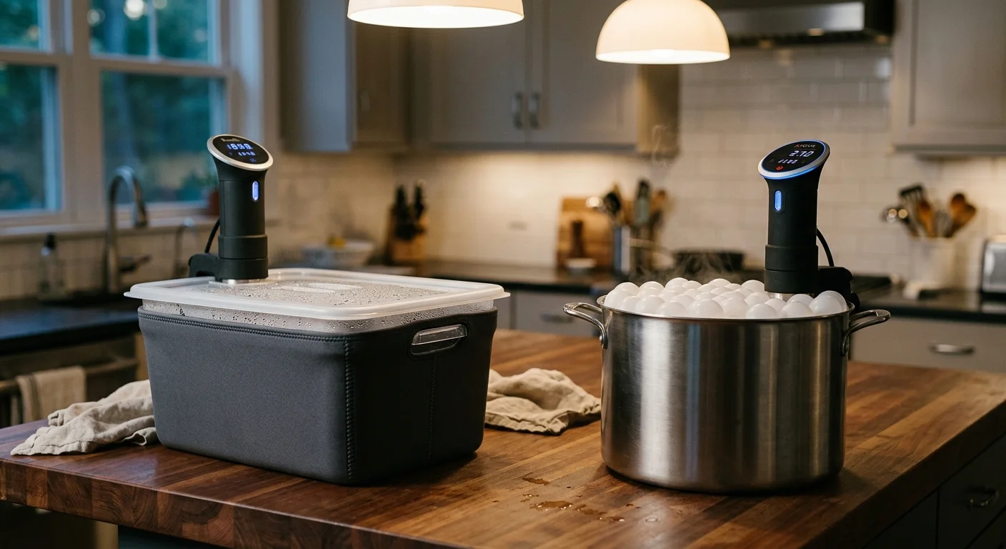 Sous-vide container with a neoprene sleeve next to a stockpot filled with floating water balls on a kitchen island.