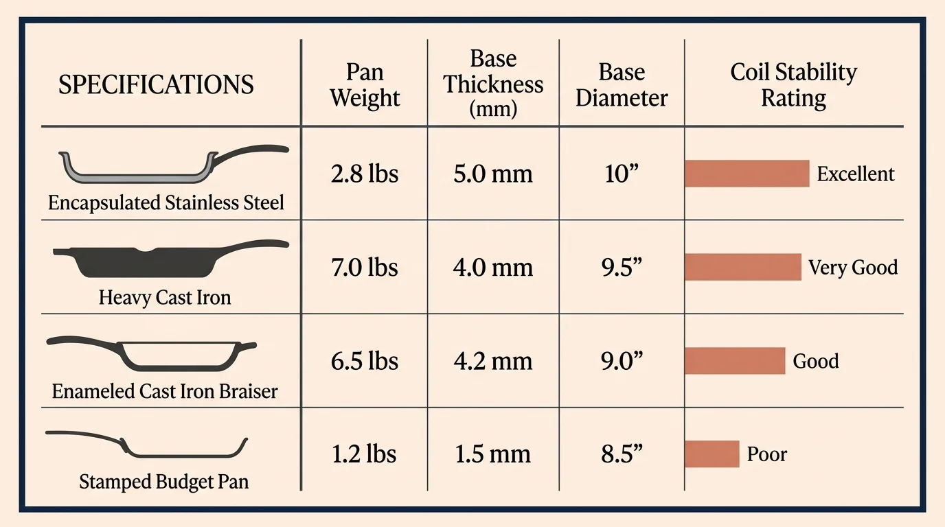 Table comparing four pan types across pan weight, base thickness, base diameter, and coil stability ratings.