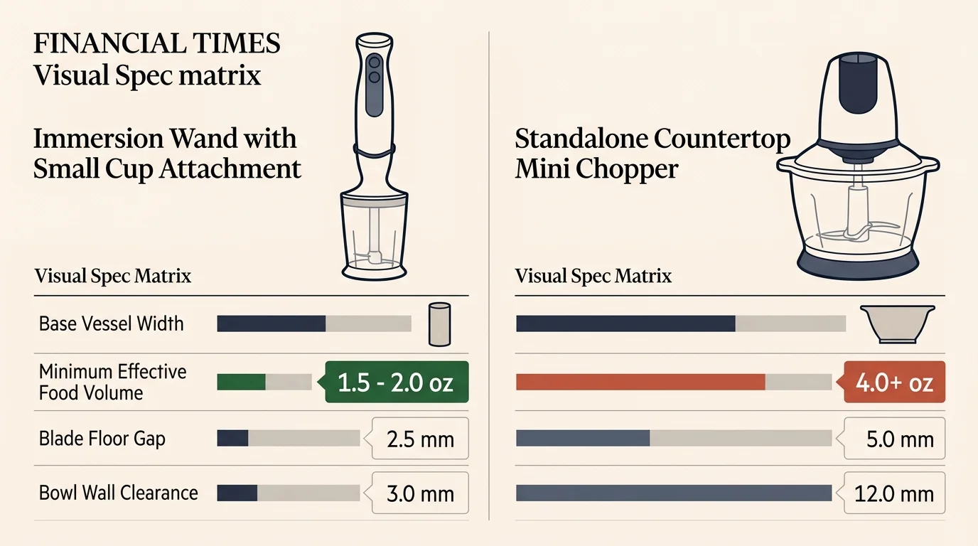Spec matrix diagram comparing an immersion wand cup attachment to a standalone mini chopper across four physical metrics.