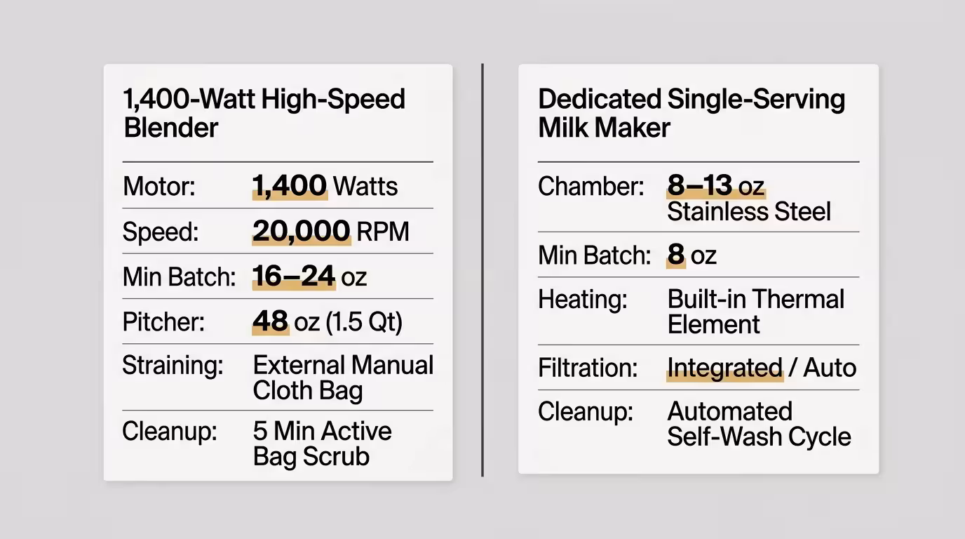 Comparison card listing specifications for a 1,400-watt blender alongside a dedicated single-serving milk maker.
