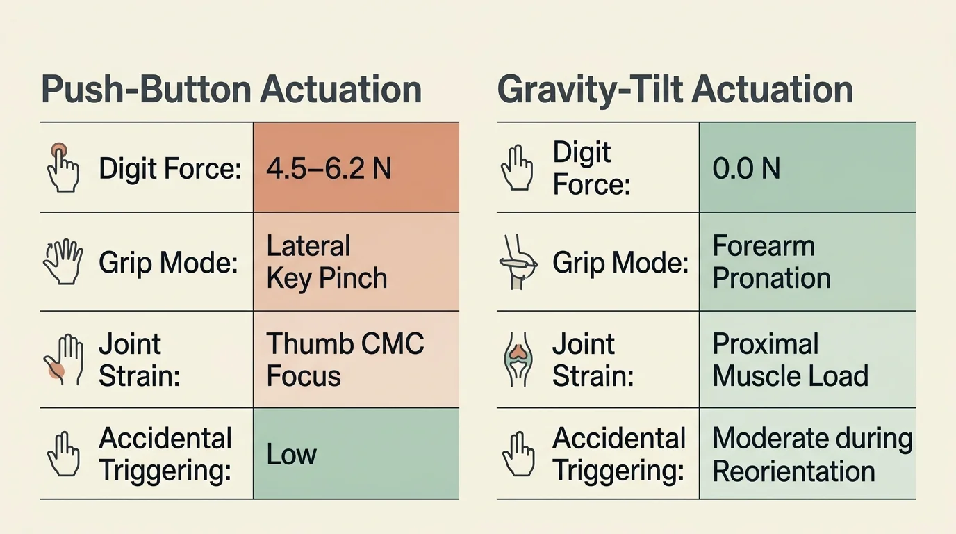 Comparison chart showing physical demands of push-button versus gravity-tilt actuation across digit force, grip, and joint strain.