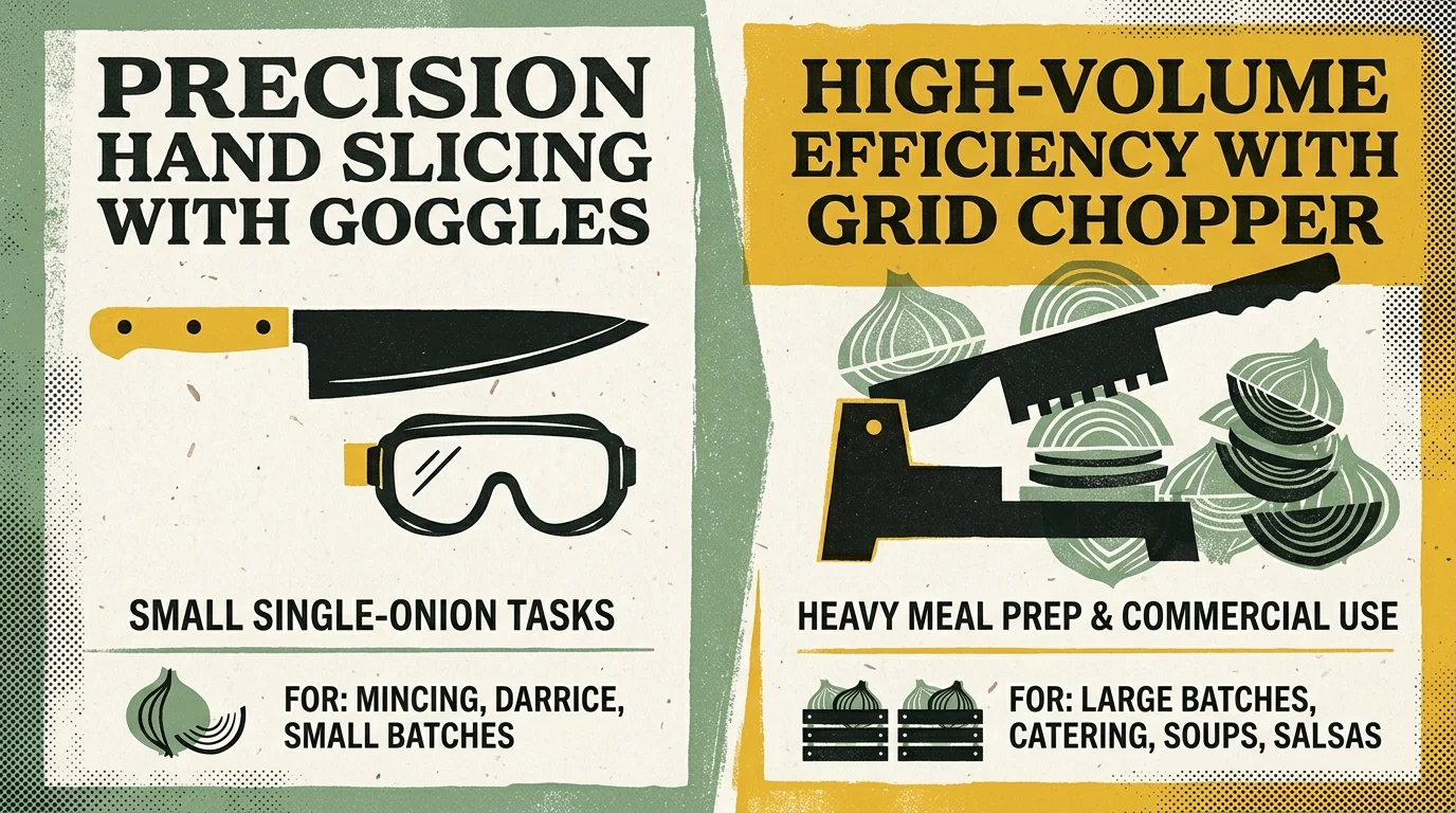 Split editorial risograph illustration contrasting onion goggles for knife prep with a levered chopper for batch meal prep.
