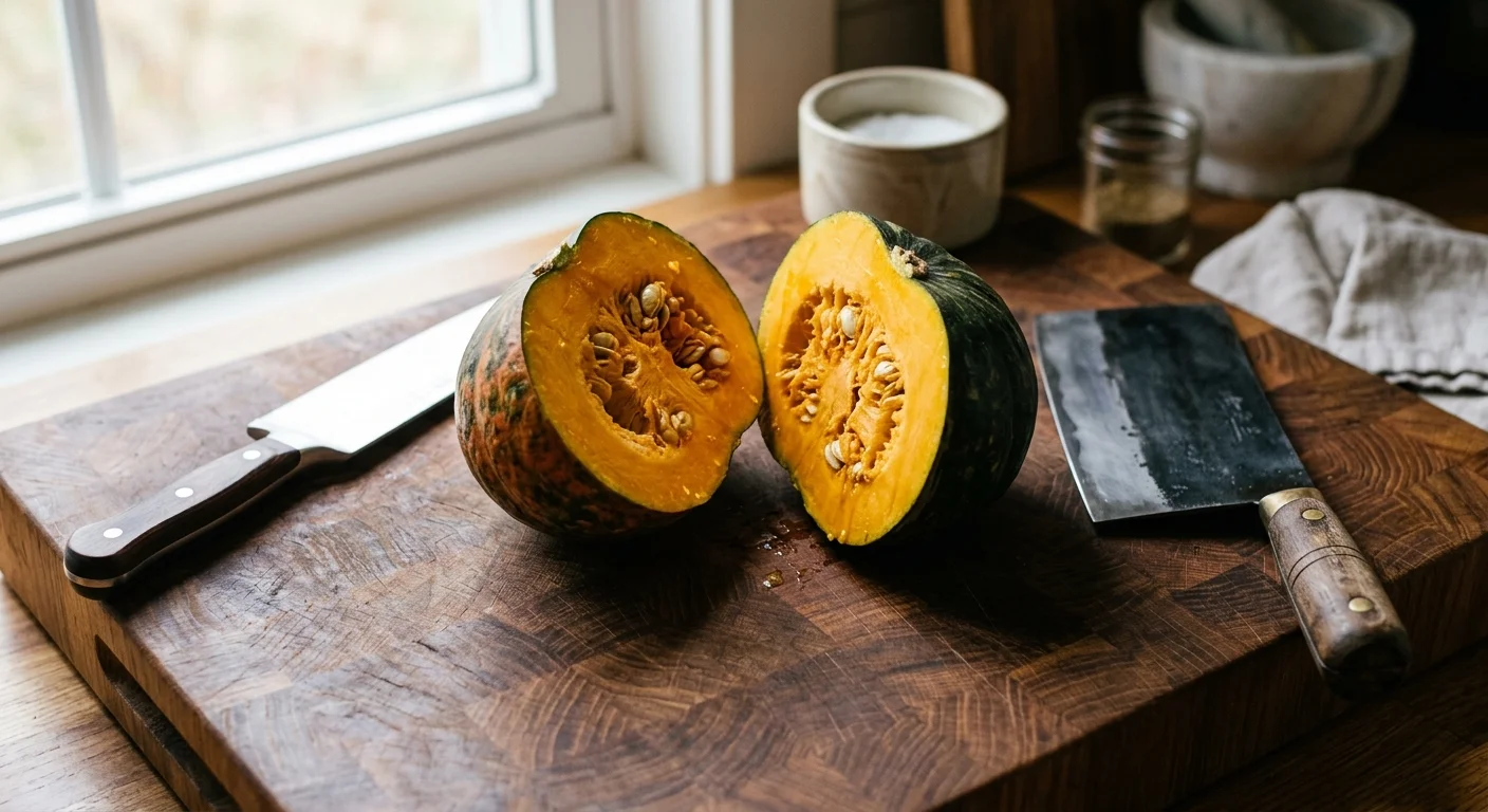 Split kabocha squash beside a heavy vegetable cleaver and an eight-inch chef's knife on a wooden cutting board.