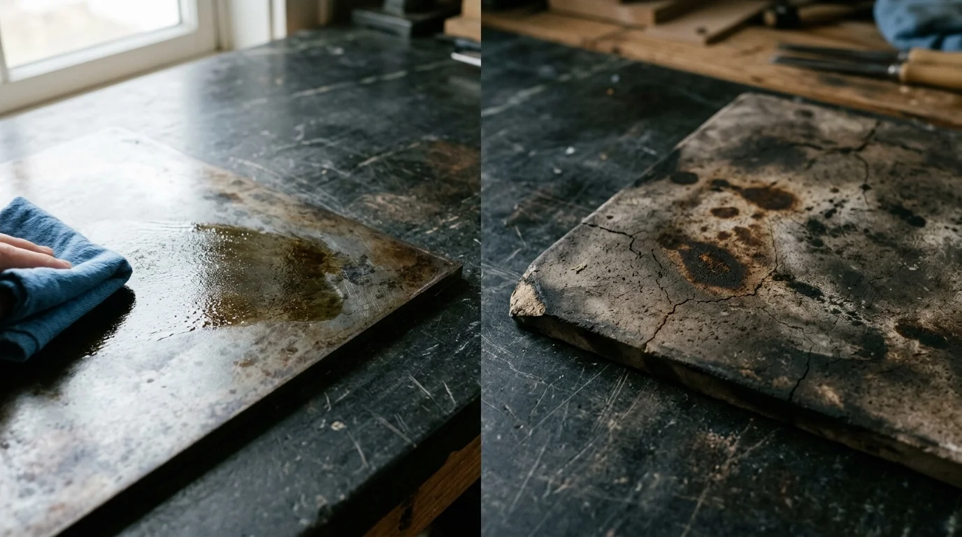 Side-by-side comparison of a hand wiping an oiled baking steel next to a charred, severely cracked pizza stone.