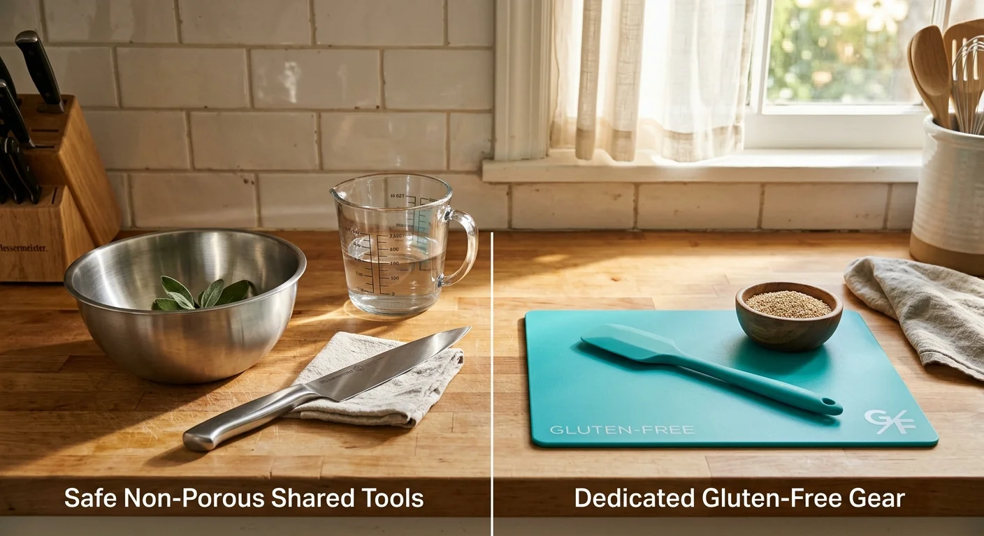 Kitchen counter divided into safe non-porous shared tools on the left and dedicated gluten-free gear on the right.